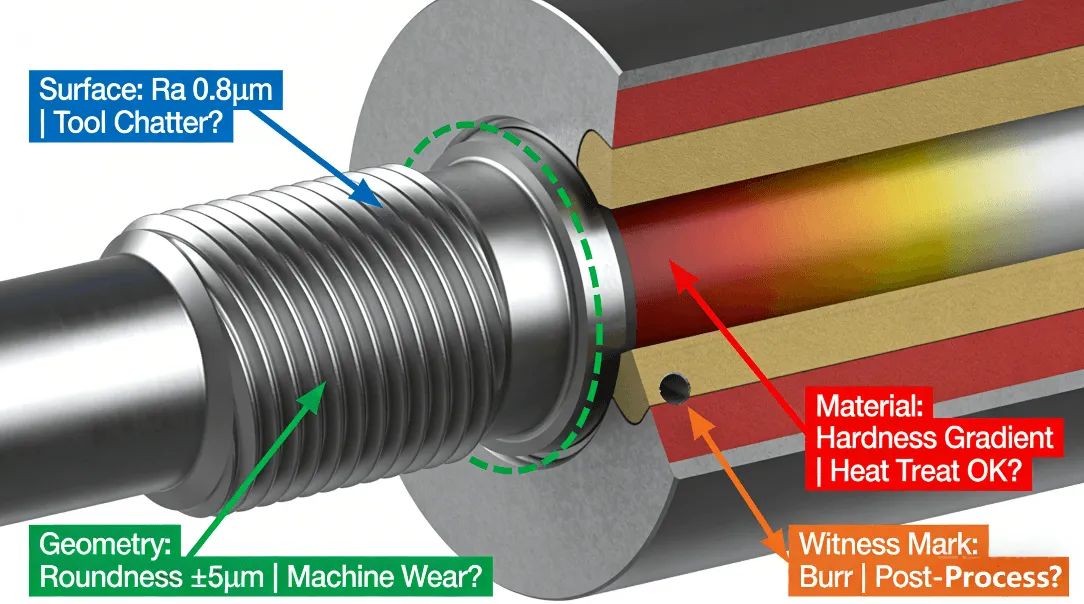 An annotated cross-section infographic of a precision turned metal part, diagnosing key areas like surface finish, geometric tolerances, material integrity, and witness marks for supplier assessment.