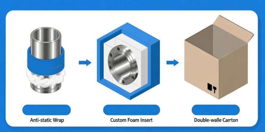 Infographic illustrating the three-layer protective packaging system for precision CNC machined parts: anti-static wrapping, custom foam inserts, and a sturdy outer box.