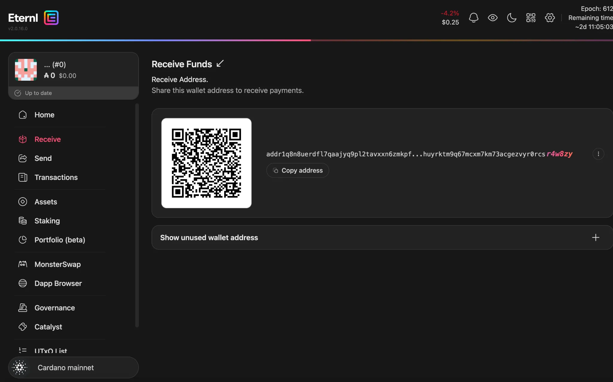 Receive ADA screen in Eternl Wallet displaying a Cardano address for incoming transactions