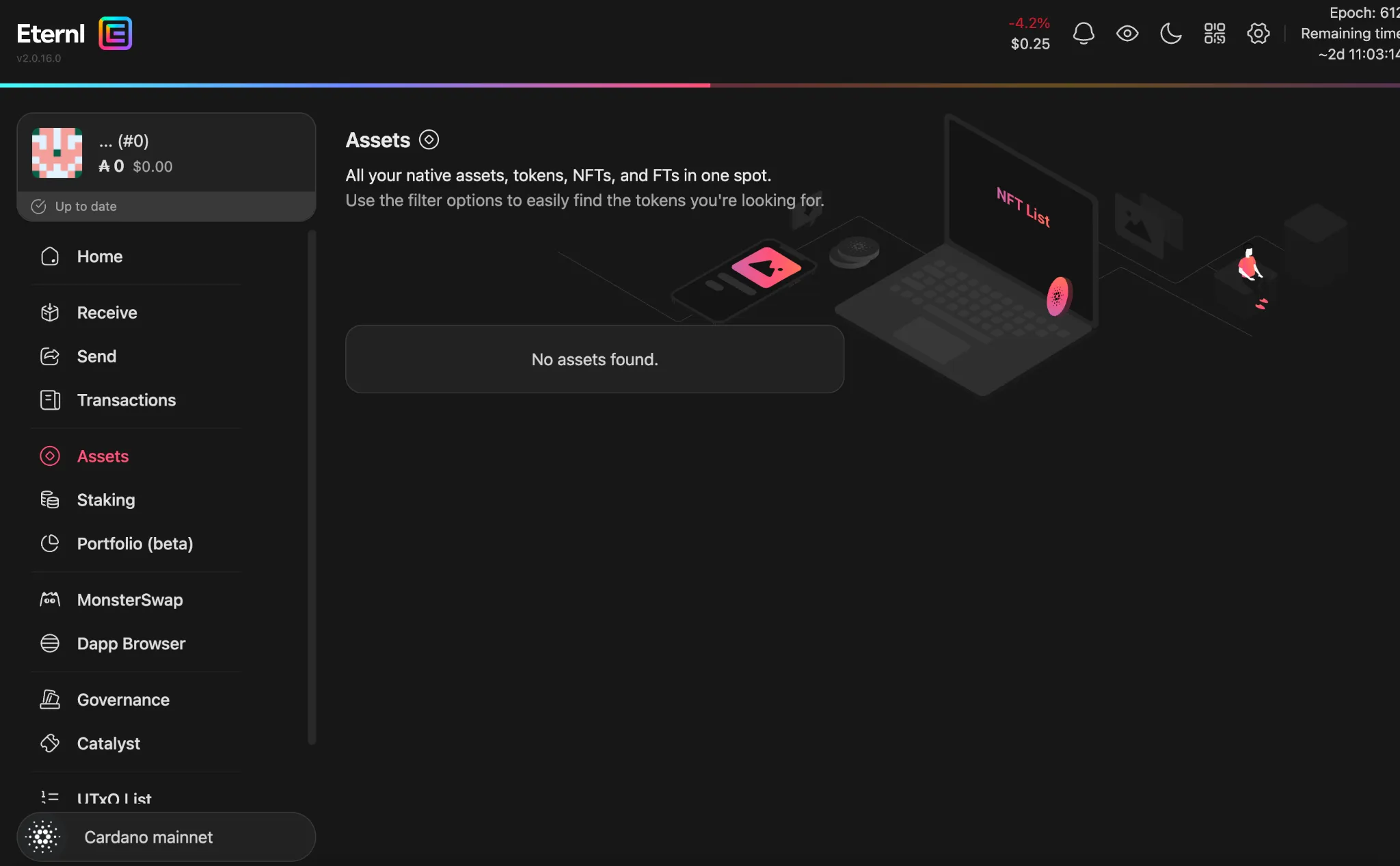 NFT gallery view in Eternl Wallet showing Cardano native NFTs and digital assets