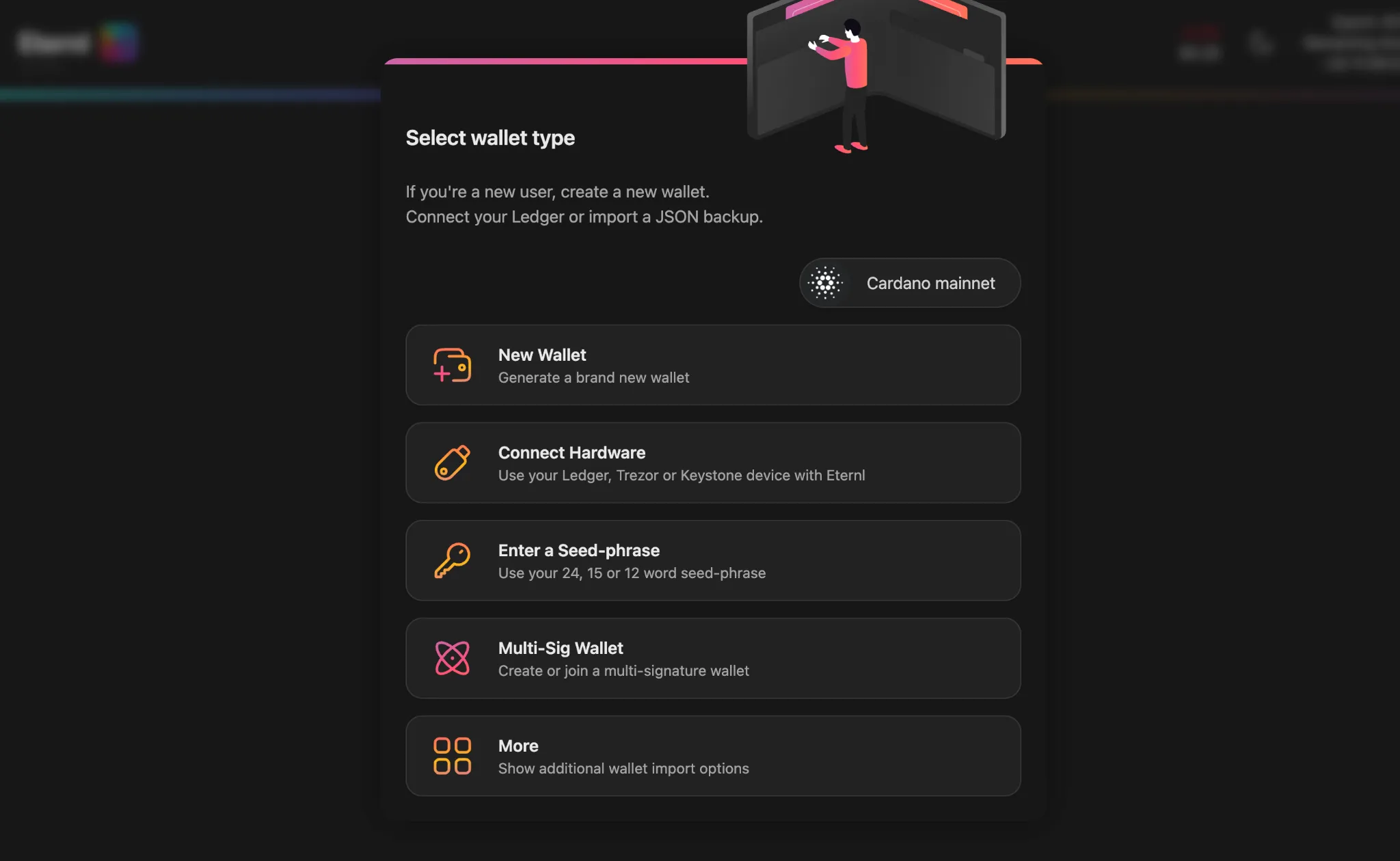 Eternl Wallet official homepage showing Cardano wallet options and browser extension download