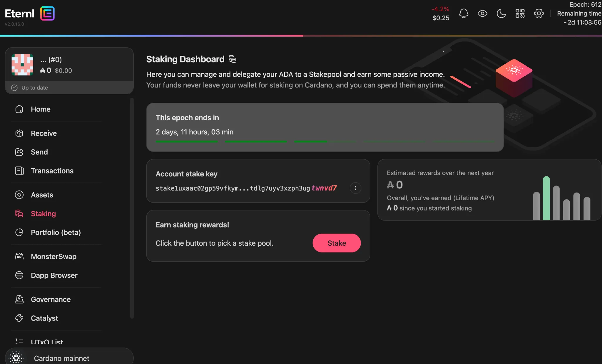 Eternl Wallet staking interface displaying Cardano stake pool options and delegation details
