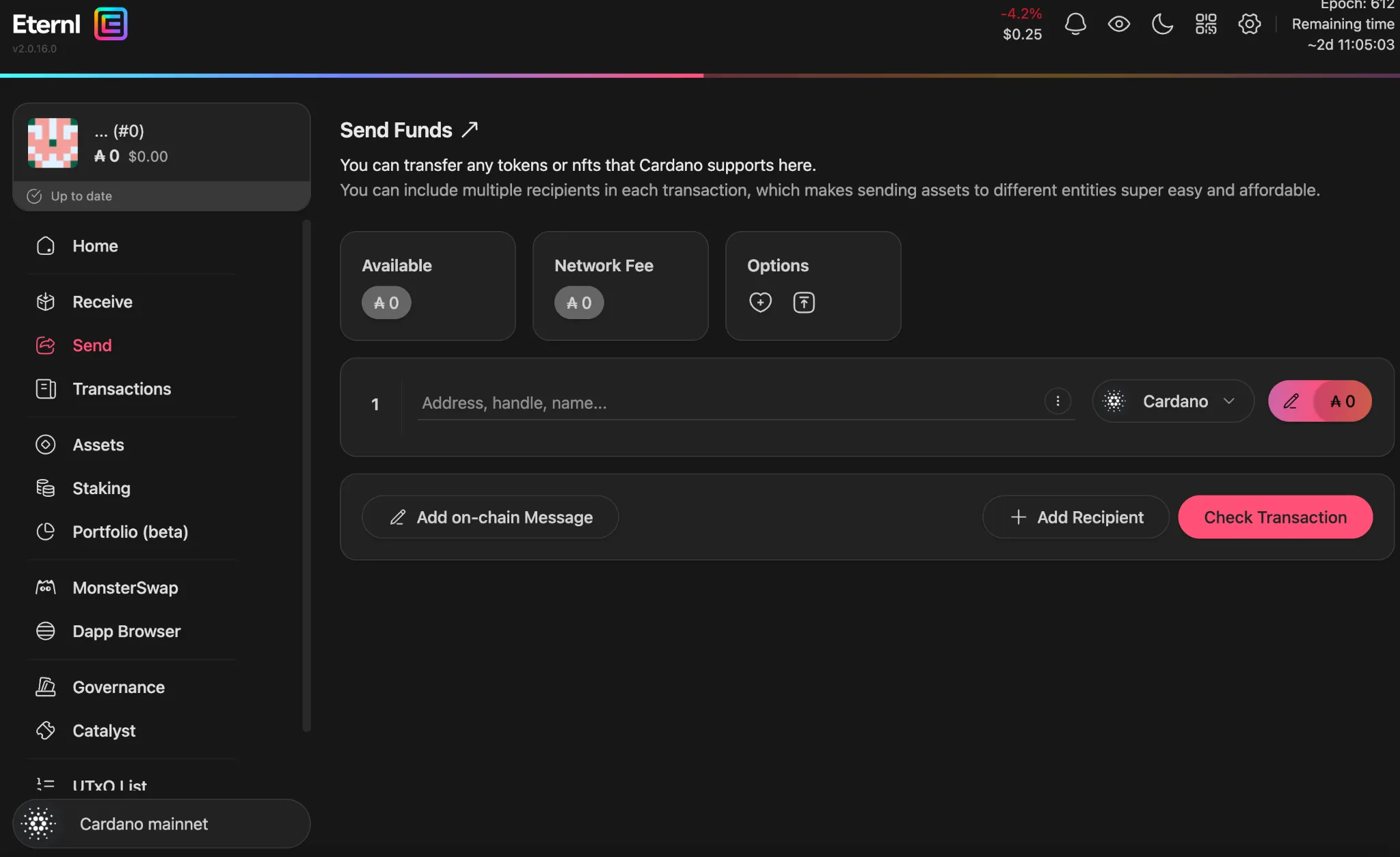 Send ADA transaction interface in Eternl Wallet showing recipient address and amount fields