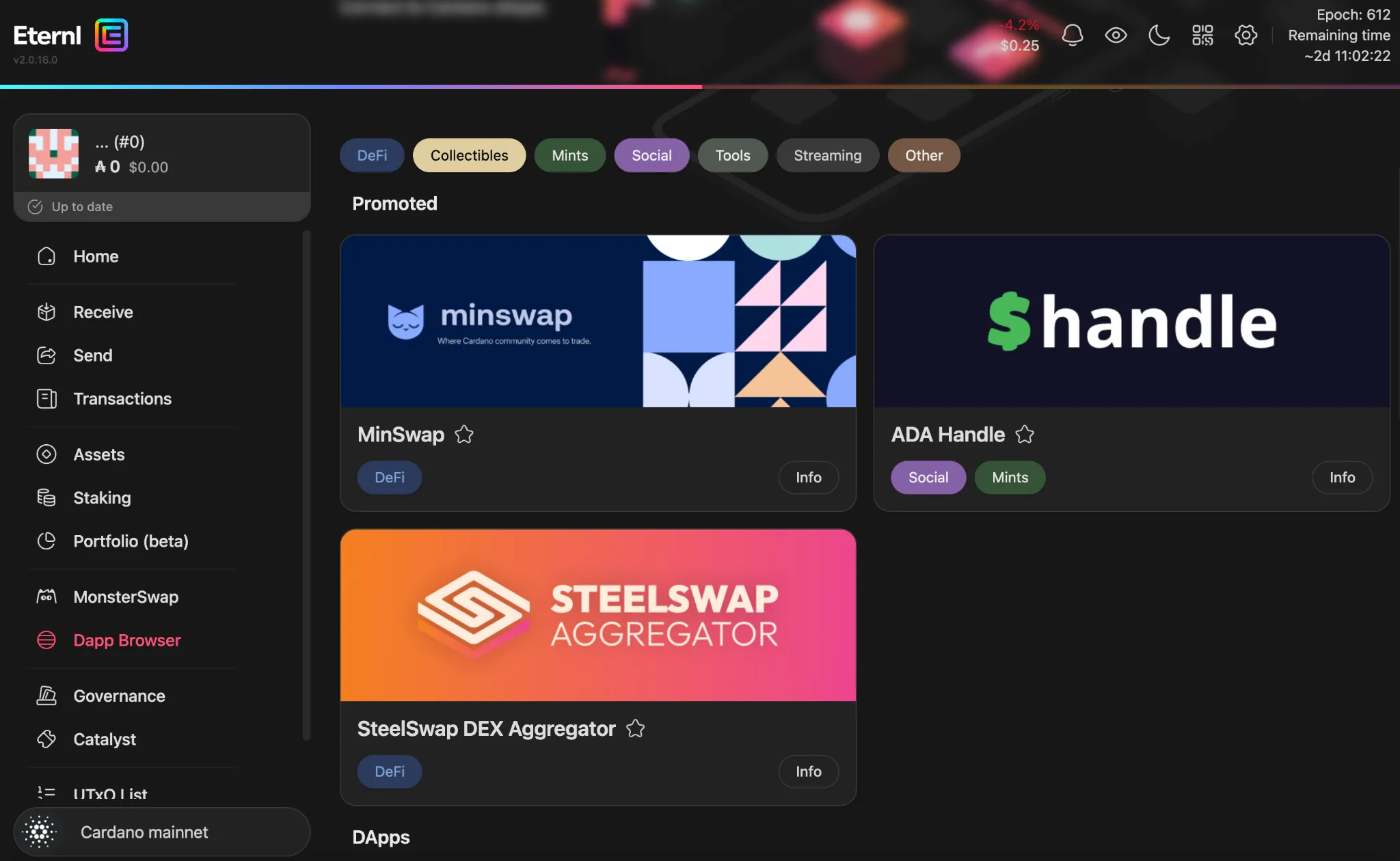 Eternl Wallet dApp connection approval popup for interacting with Cardano DeFi applications