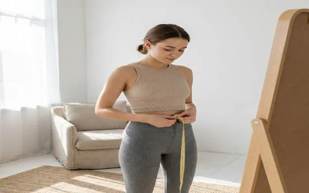Woman measuring her waist with a soft tape measure while standing in front of a mirror at home.