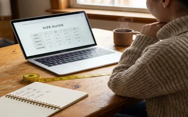 Person reviewing a clothing size guide on a laptop with handwritten body measurements in a notebook and a measuring tape on a wooden desk.