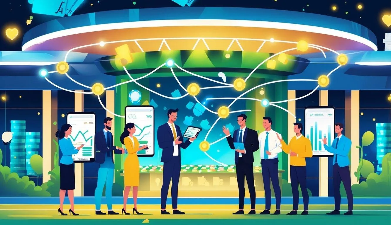 A casino building with slot machines and poker chips, connected by arrows to business professionals exchanging digital devices and charts, with a faint U.S. map in the background showing casino locations.