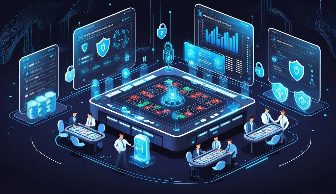 A team of cybersecurity experts monitors digital casino systems with holographic screens showing security data and encrypted codes in a futuristic setting.