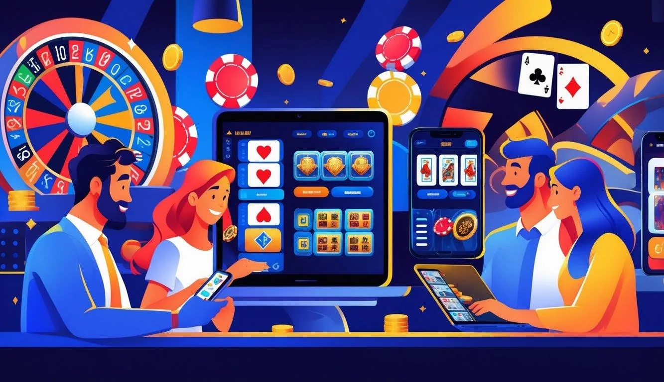 People using smartphones, tablets, and laptops to play casino games in a modern casino setting with poker chips, cards, and roulette wheels around them.