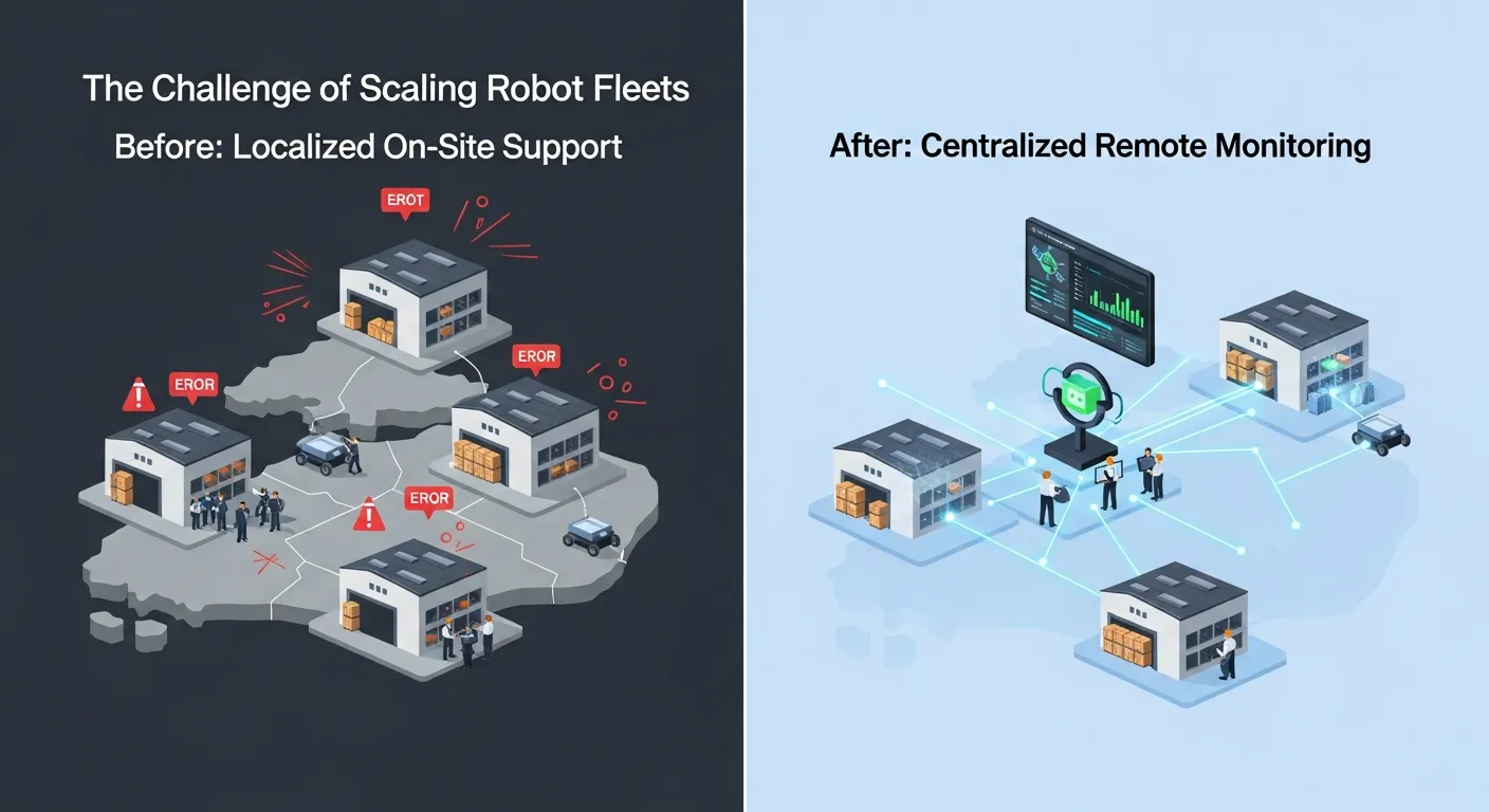 A comparative diagram contrasting two fleet management models. The 'Before' model shows isolated facilities with separate on-site teams, resulting in fragmented operations. The 'After' model shows the same facilities connected to a single remote operations center, creating a centralized and efficient system.