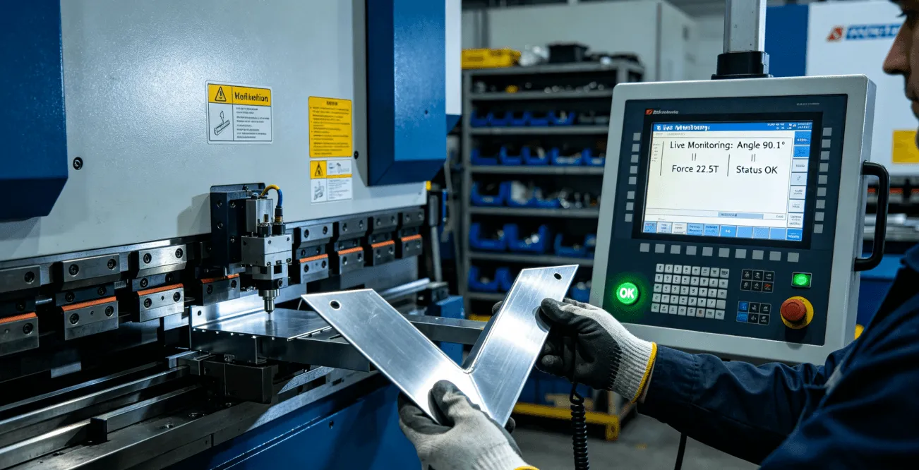 A CNC press brake in a modern factory performing precision sheet metal bending, with a close-up view of the control screen showing live angle and force data monitoring for quality assurance.