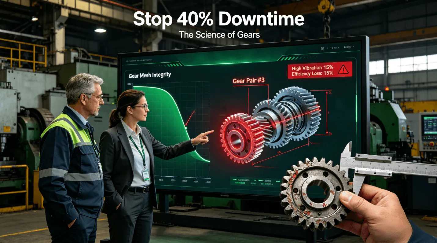 Maintenance and operations leaders in an industrial plant confront a real-time dashboard showing gear-driven equipment failure due to dimensional/tolerance issues, analyzing a worn physical gear against a 3D model with critical errors highlighted, visualizing the direct link between gear precision and unplanned downtime.