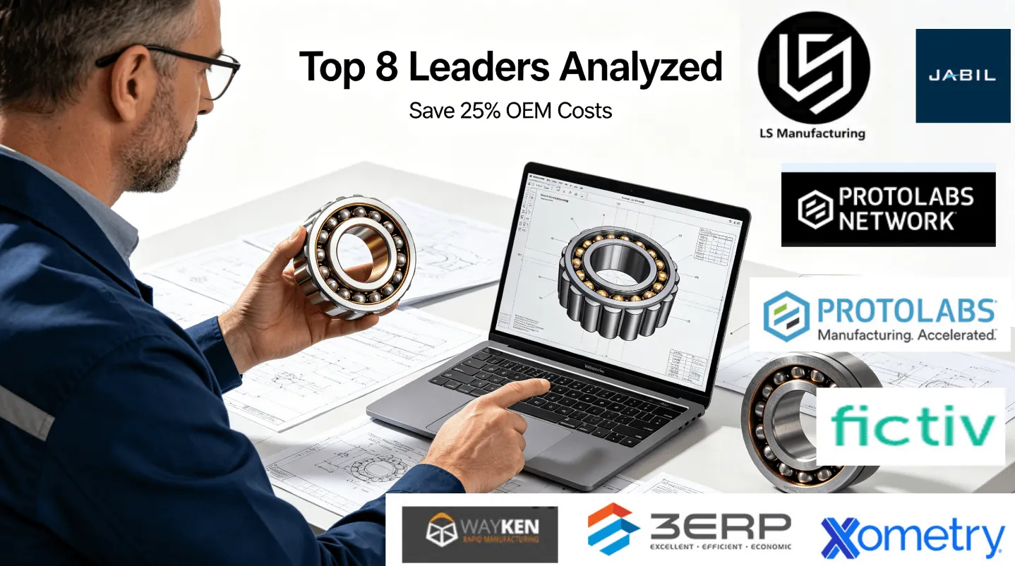 An OEM engineering manager and a manufacturing expert evaluate a custom bronze bushing prototype against real-time DFM and cost optimization data from LS on a laptop, with a flawed sample nearby, in a modern collaborative setting.