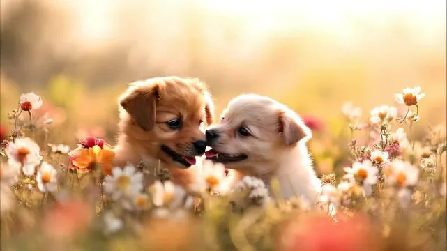 Adorable Puppies Playing in a Flower Field at Sunset