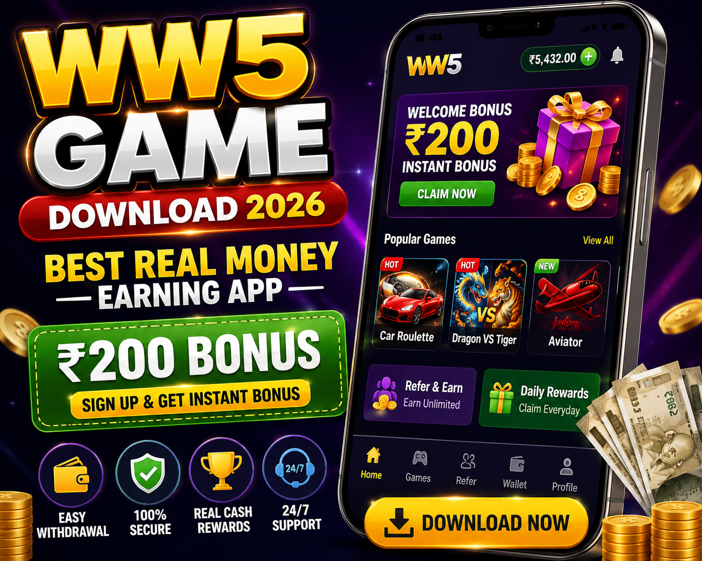 WW5 Game Download 2026 – Best Real Money Earning App with ₹200 Bonus