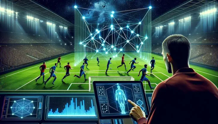 This may contain: a man is looking at a computer screen with soccer players on it in front of him
