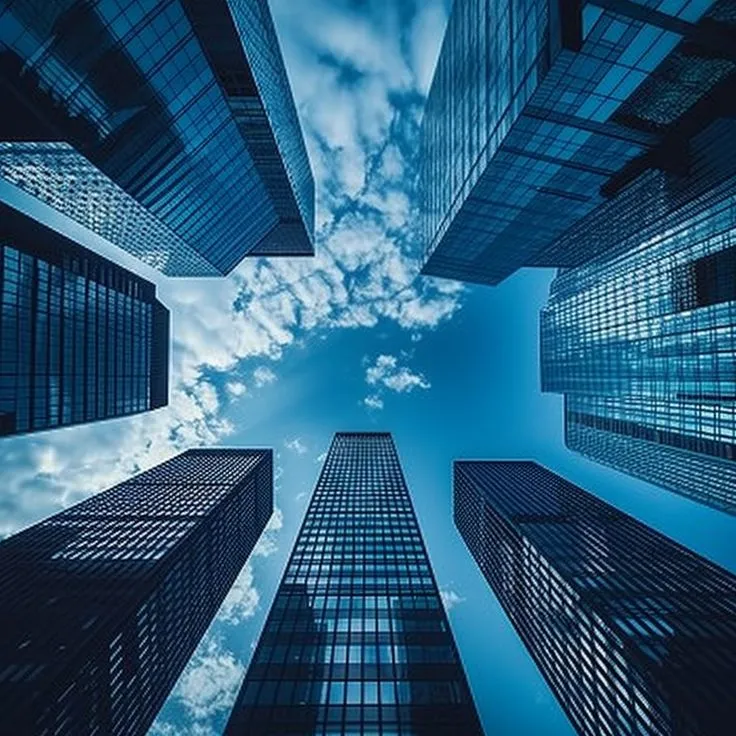 This may contain: looking up at skyscrapers from the ground in an urban area with blue sky and clouds