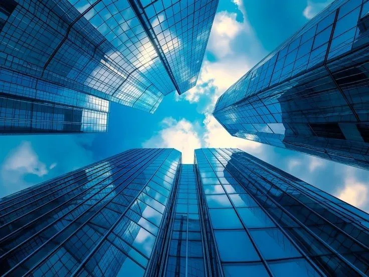This may contain: looking up at skyscrapers from the ground with blue sky and clouds in the background