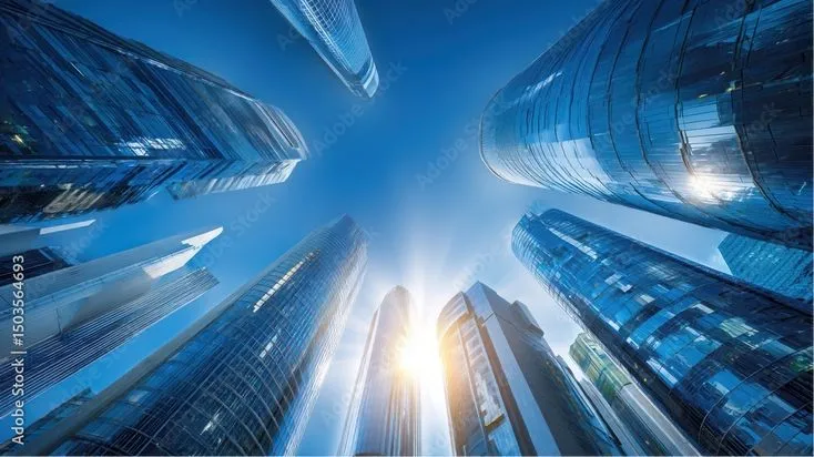 This may contain: looking up at skyscrapers from the ground with bright sunlight in the middle and blue sky above
