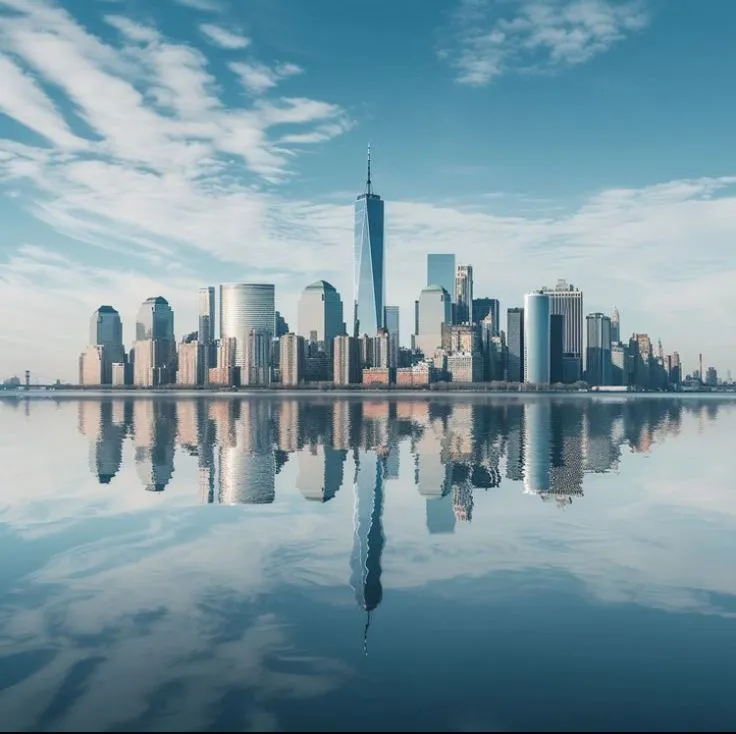 This may contain: the city is reflected in the still water of the lake, with skyscrapers and clouds