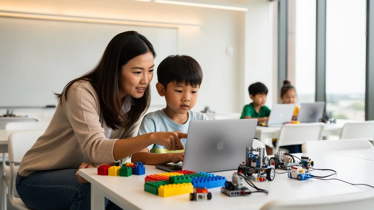 Teacher helping student during coding class in Singapore