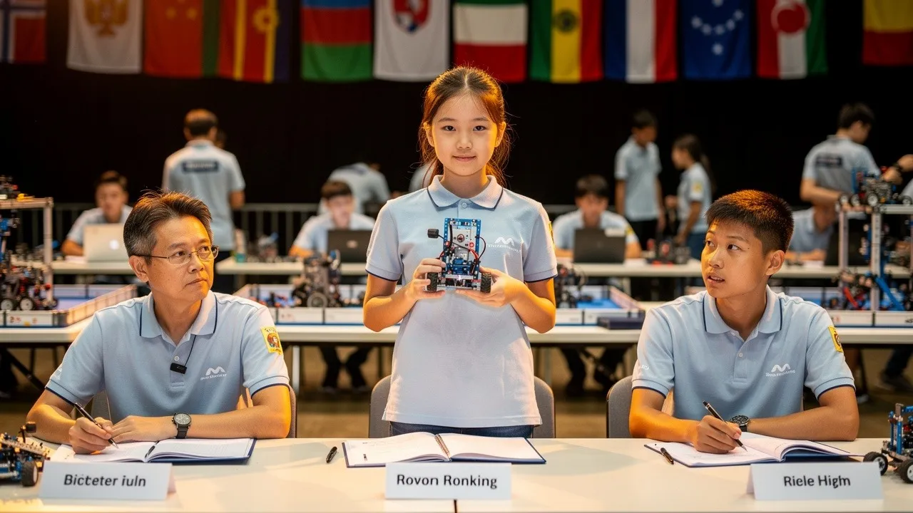 Teenage student presenting robot at Singapore STEM competition