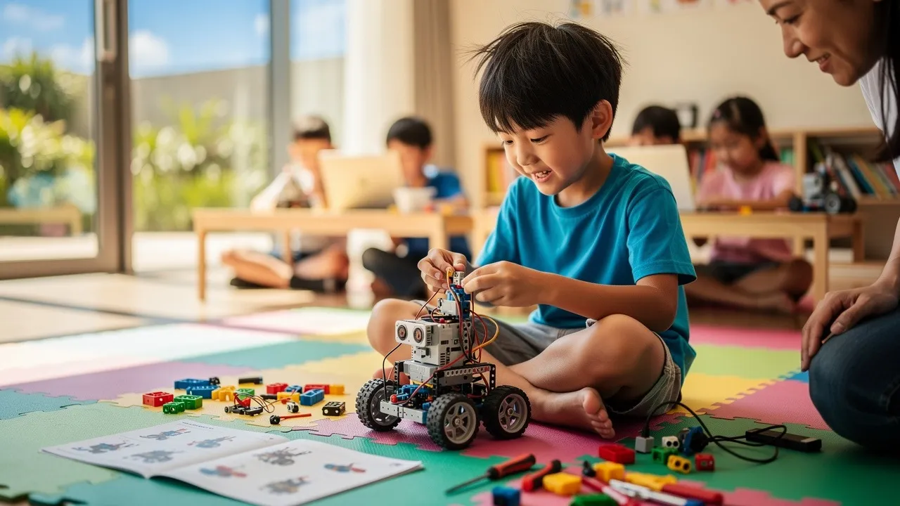 Child assembling robot during Singapore holiday coding camp