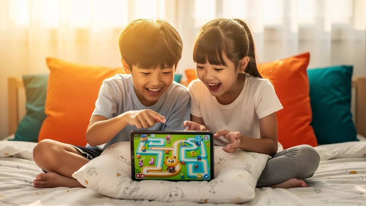 Two siblings enjoying a Scratch game together on a tablet