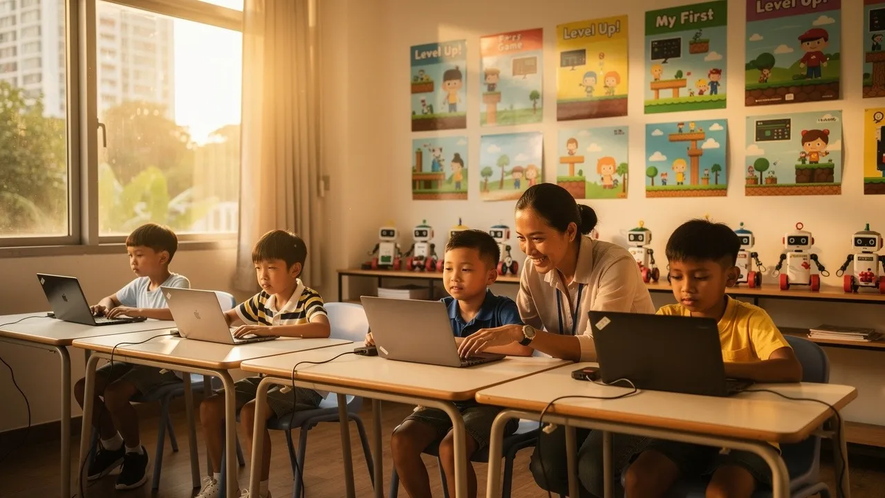 Singapore students in a coding enrichment class with a teacher