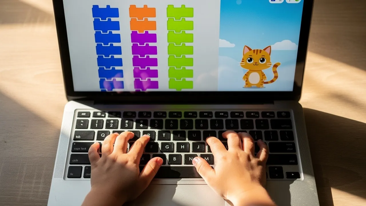 Close-up of colorful Scratch coding blocks on a laptop screen