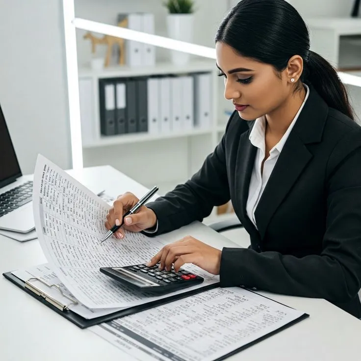 This may contain: a woman sitting at a desk with a calculator and pen in her hand