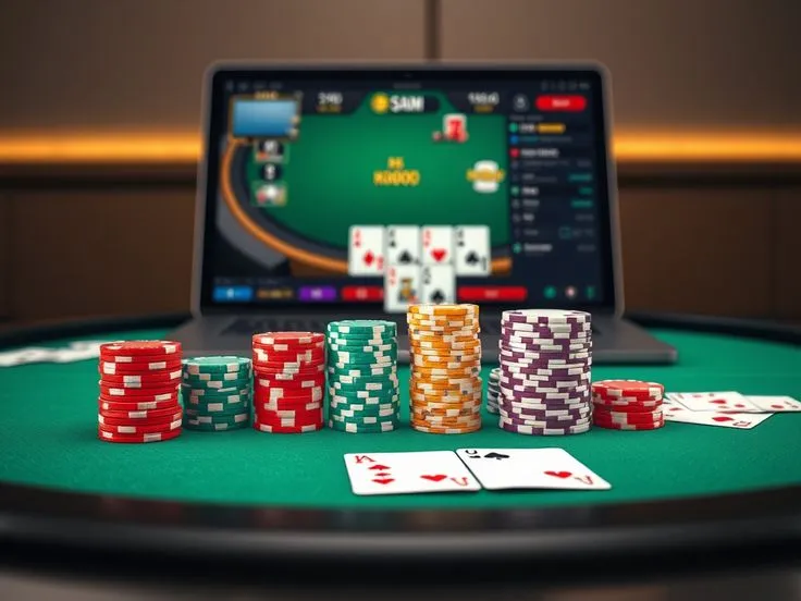 This may contain: a laptop computer sitting on top of a table filled with poker chips