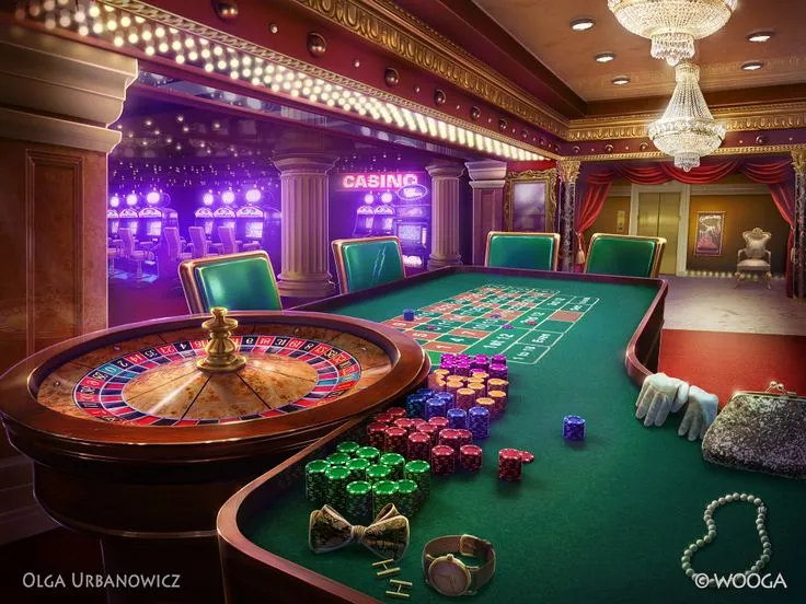 This may contain: a casino table with dice, rouleets and other gambling equipment in the background