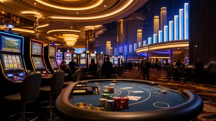 This may contain: a casino room filled with lots of slot machines