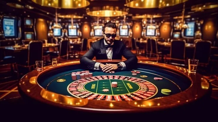 This may contain: a man in a tuxedo sitting at a casino table with his hands on the roule