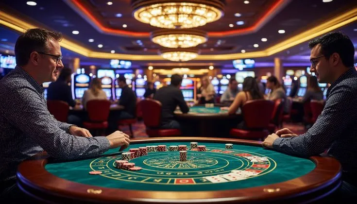 This may contain: two men sitting at a casino table and playing roulejack in front of other people