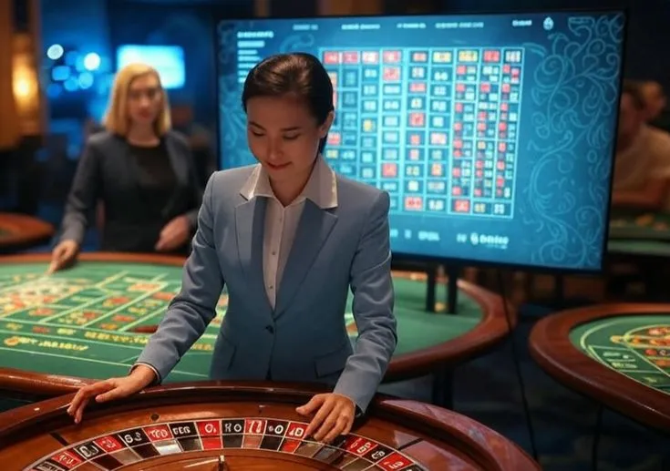 This may contain: a woman playing roulejack in a casino with two other women looking at the screen