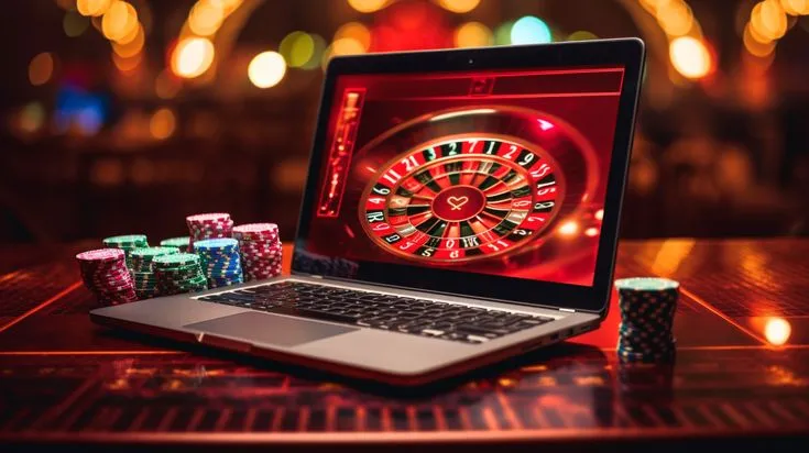 This may contain: a laptop computer sitting on top of a table next to casino chips and dices