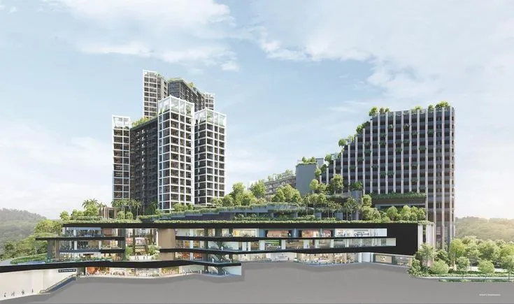 This may contain: an artist's rendering of a city with tall buildings and trees on the roof