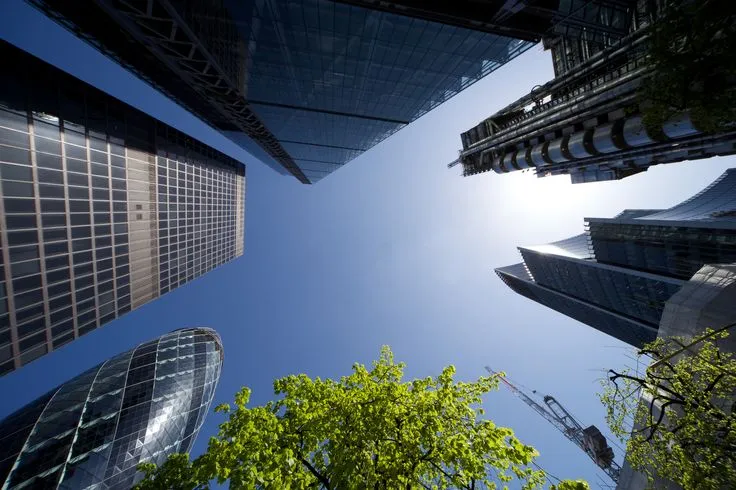 This may contain: looking up at skyscrapers from the ground to the sky with trees in foreground