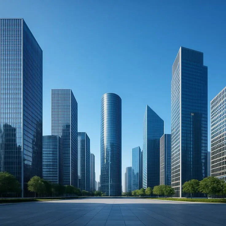 This may contain: an empty parking lot in the middle of a large city with skyscrapers on both sides