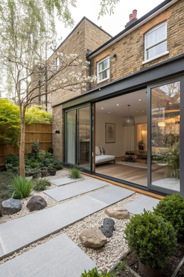 This may contain: a modern house with large glass doors and stone walkways
