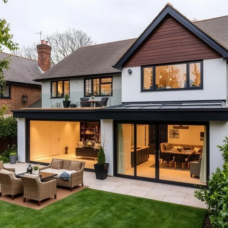 This may contain: a modern house with large patio and outdoor furniture