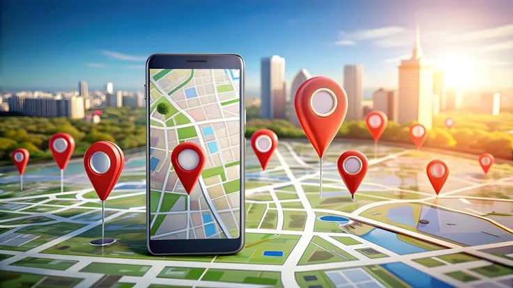 This may contain: a cell phone sitting on top of a map surrounded by red marker markers and buildings