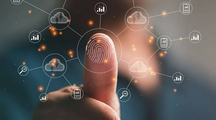 This may contain: a finger is touching a fingerprint on a touch screen with icons and symbols surrounding it