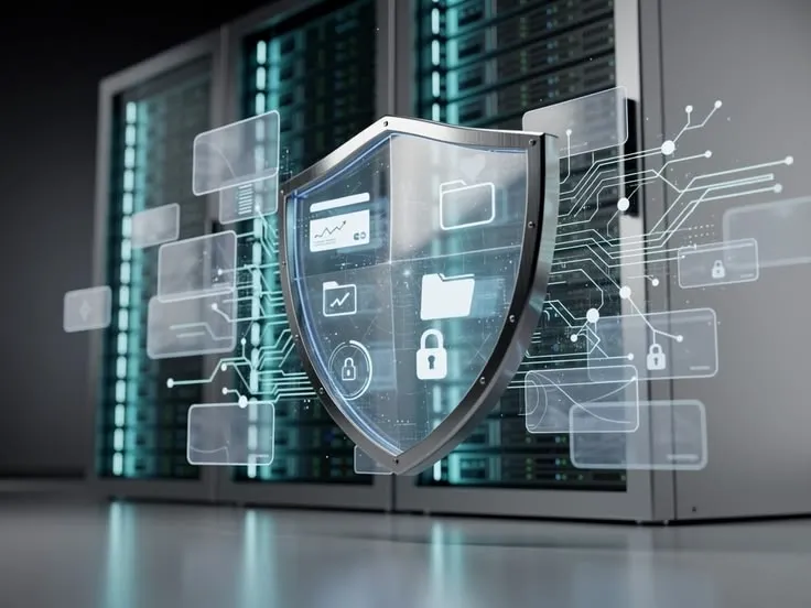 This may contain: a shield with icons on it sitting in front of some servers that are connected to each other