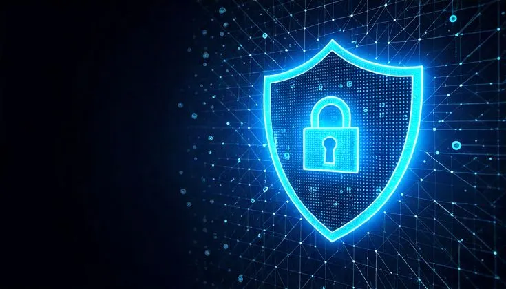 This may contain: a glowing blue shield with a padlock on it's side, surrounded by lines and dots