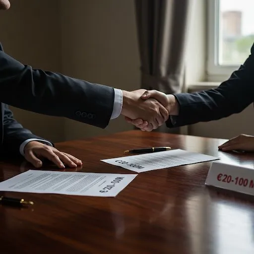 This may contain: two men shaking hands over papers on a table