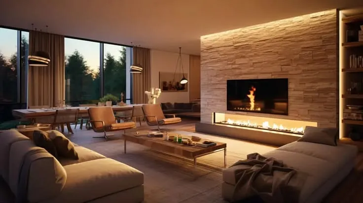 This may contain: a living room filled with furniture and a fire place