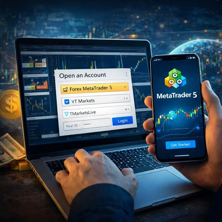 This may contain: a man is looking at the metatrader 5 app on his laptop